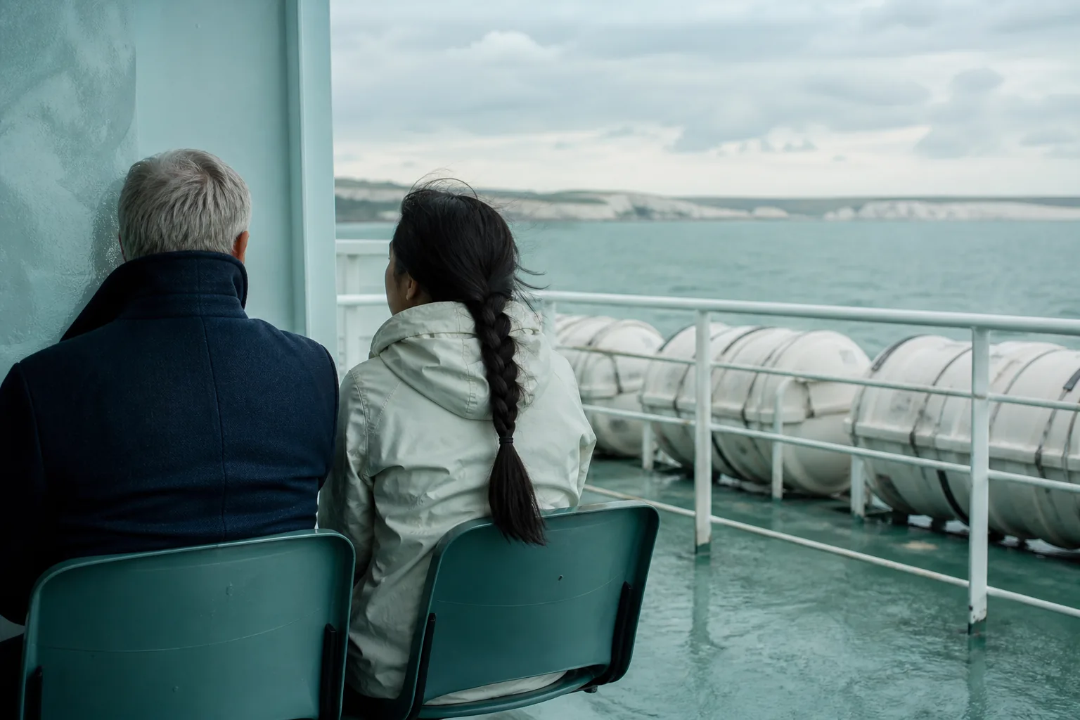 Ferry deck seating near a windbreak wall, travelers in coats watching grey water, stacked life-raft containers along the rail, overcast daylight, 1920x1080