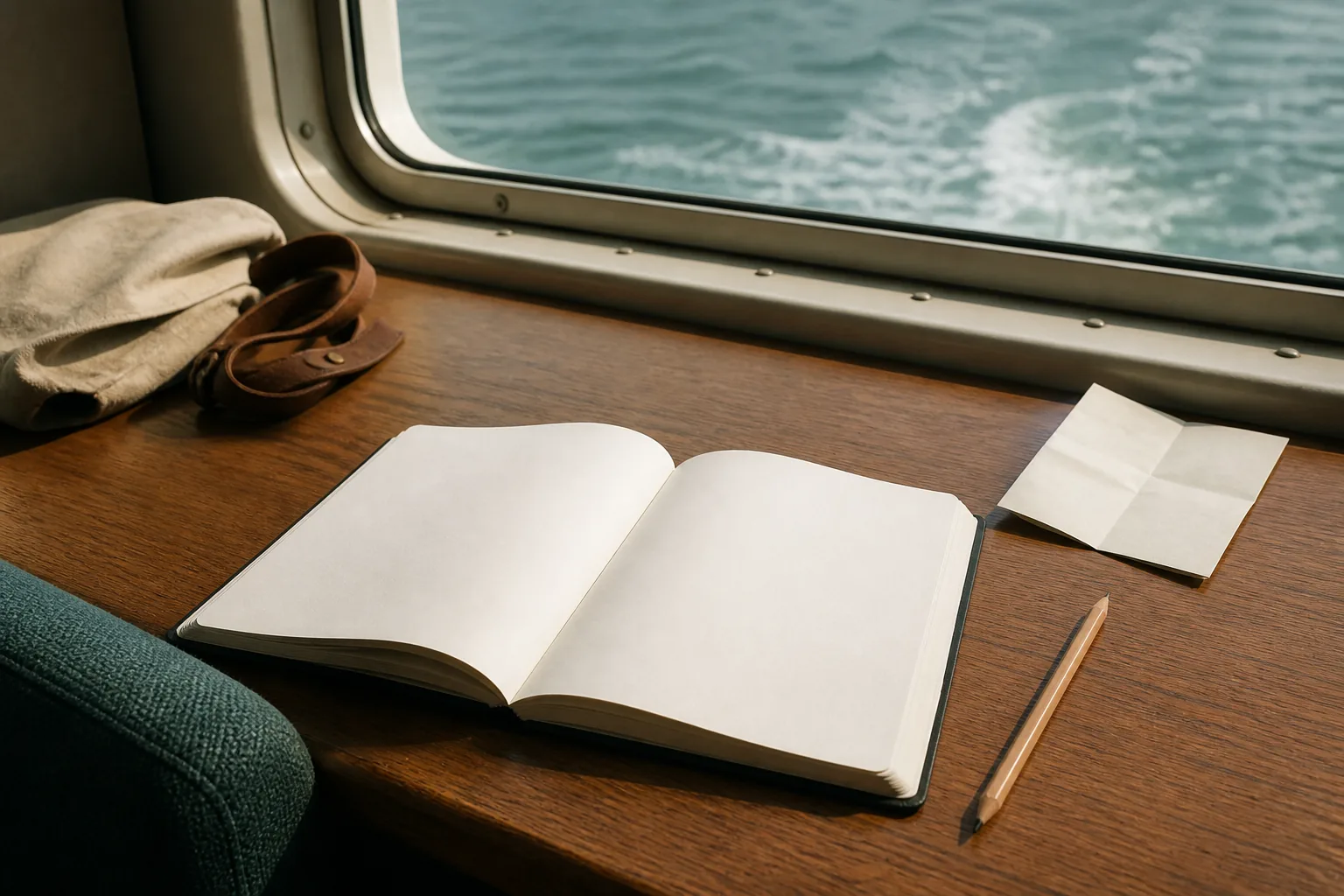 Wooden desk by a ferry window with open notebook, pencil, folded timetable printout, and grey water moving past the glass, 1920x1080