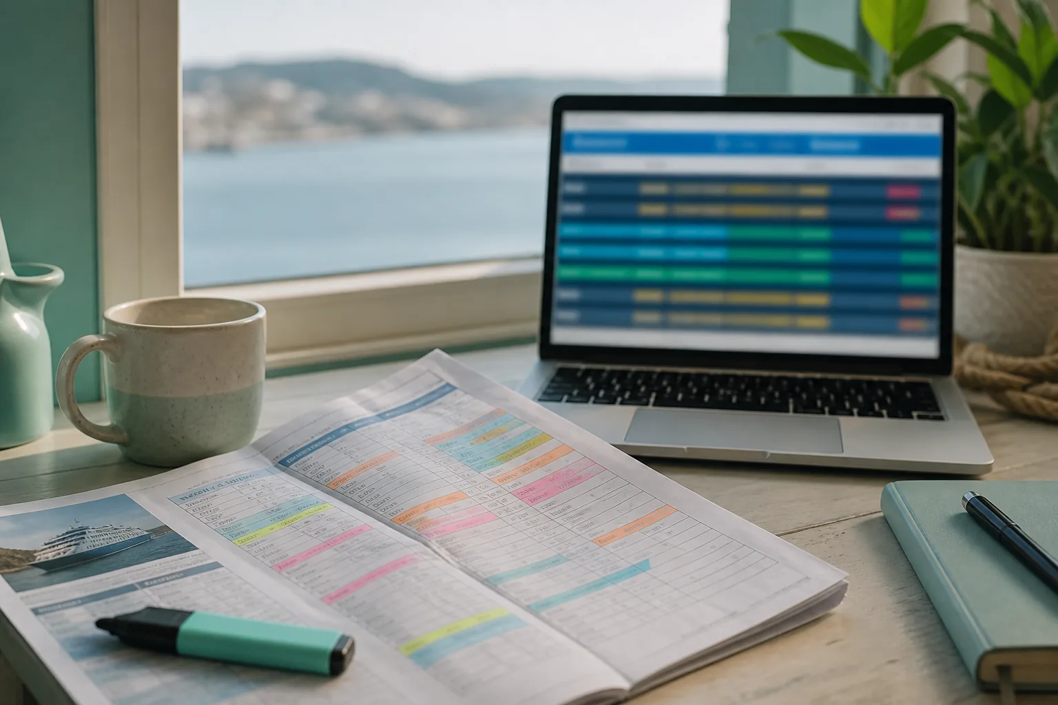 Desk scene comparing printed seasonal ferry timetable with a laptop screen of live departures, highlighter marks on sailing rows, ceramic mug nearby, 1200x800