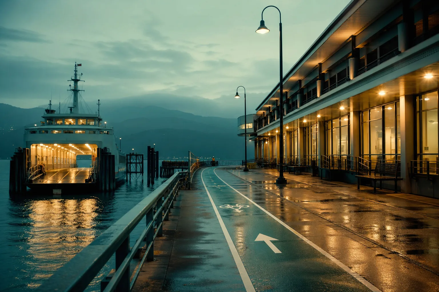 Harbor pier at evening with lit terminal windows, a quiet bicycle lane along wet pavement, ferry ramp lights reflecting on calm water, 1920x1080