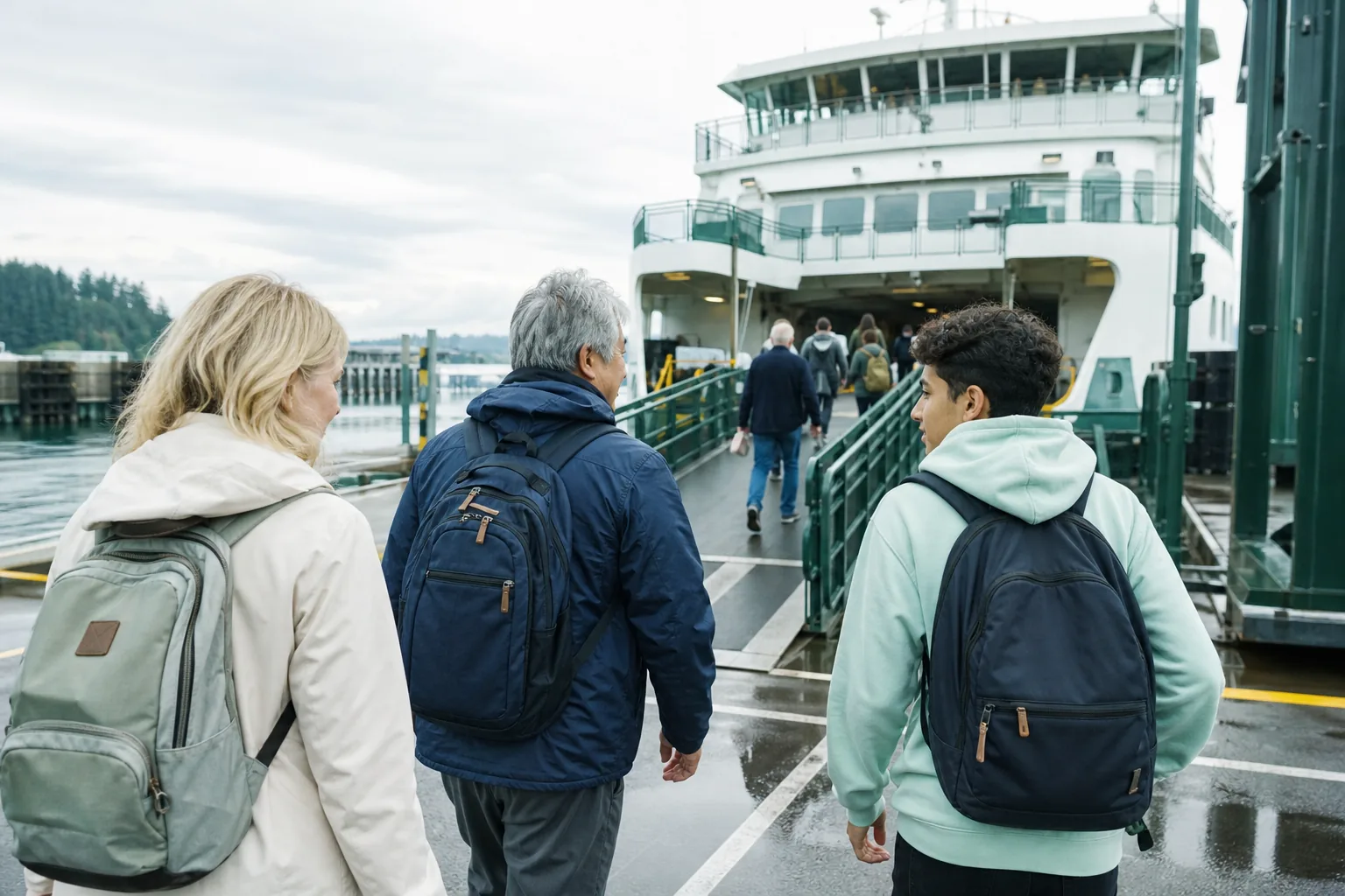 Foot passengers walking onto a daytime ferry ramp under bright overcast sky, compact backpacks, painted lane markings on wet concrete, 1200x800