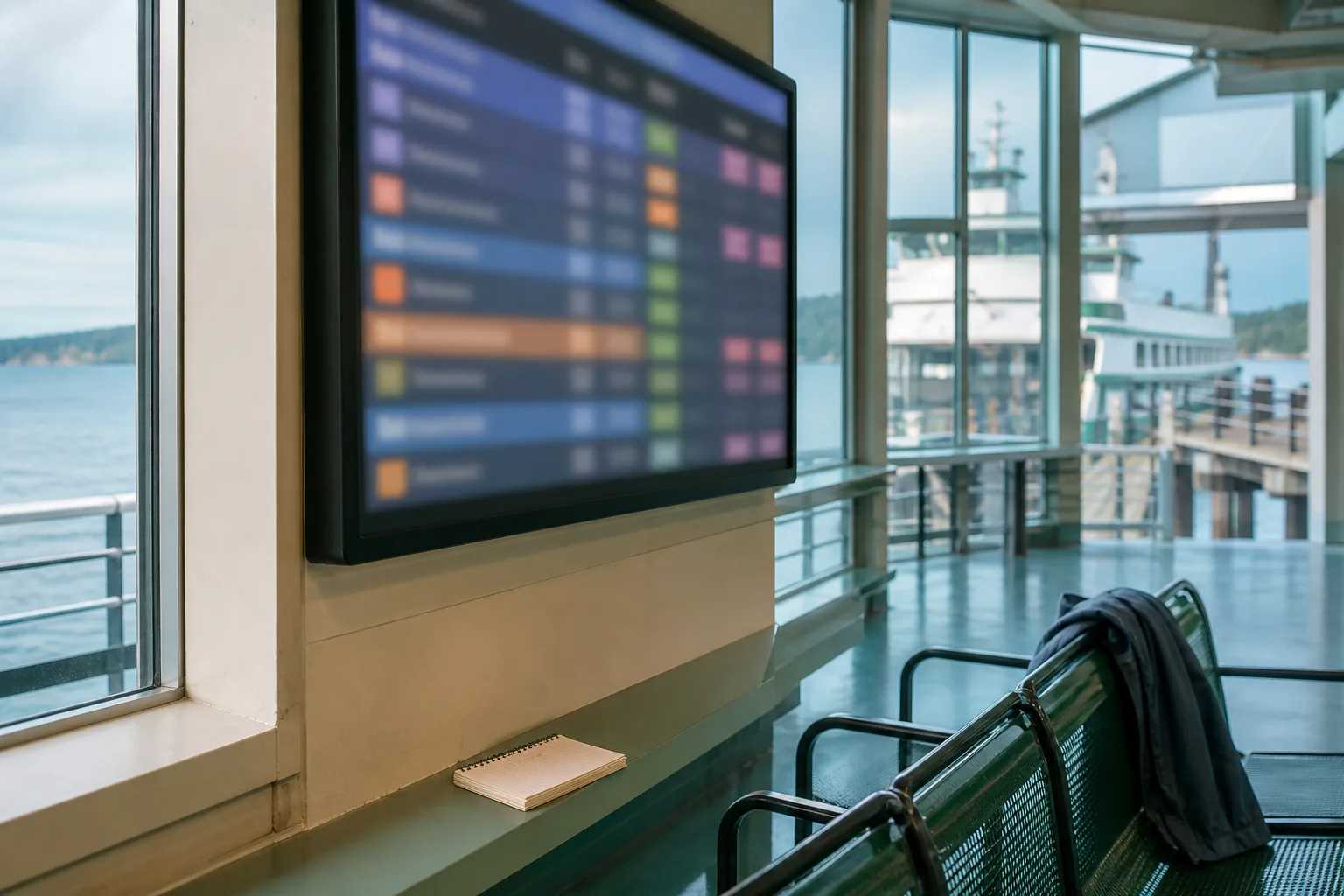 Ferry terminal interior with illuminated timetable board, handwritten notepad on a ledge, jacket folded over a waiting bench, cool daylight from tall windows, 1920x1080