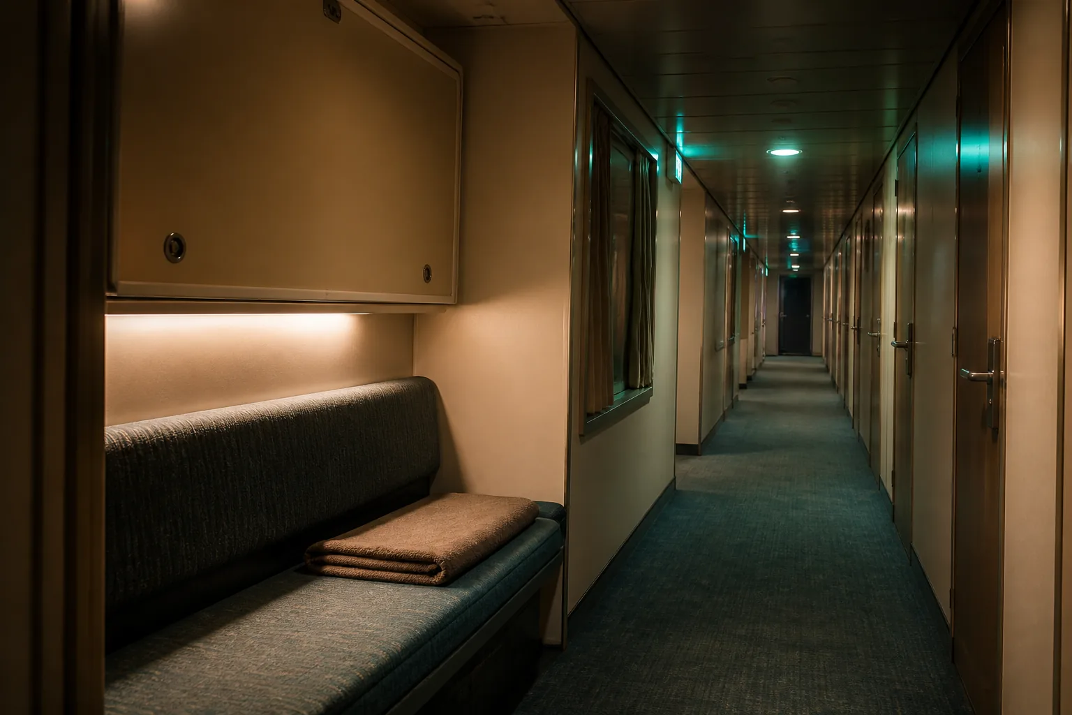 Narrow overnight ferry cabin corridor with soft night lighting, closed cabin doors, folded blanket on a jump seat, quiet carpeted floor, 1200x800