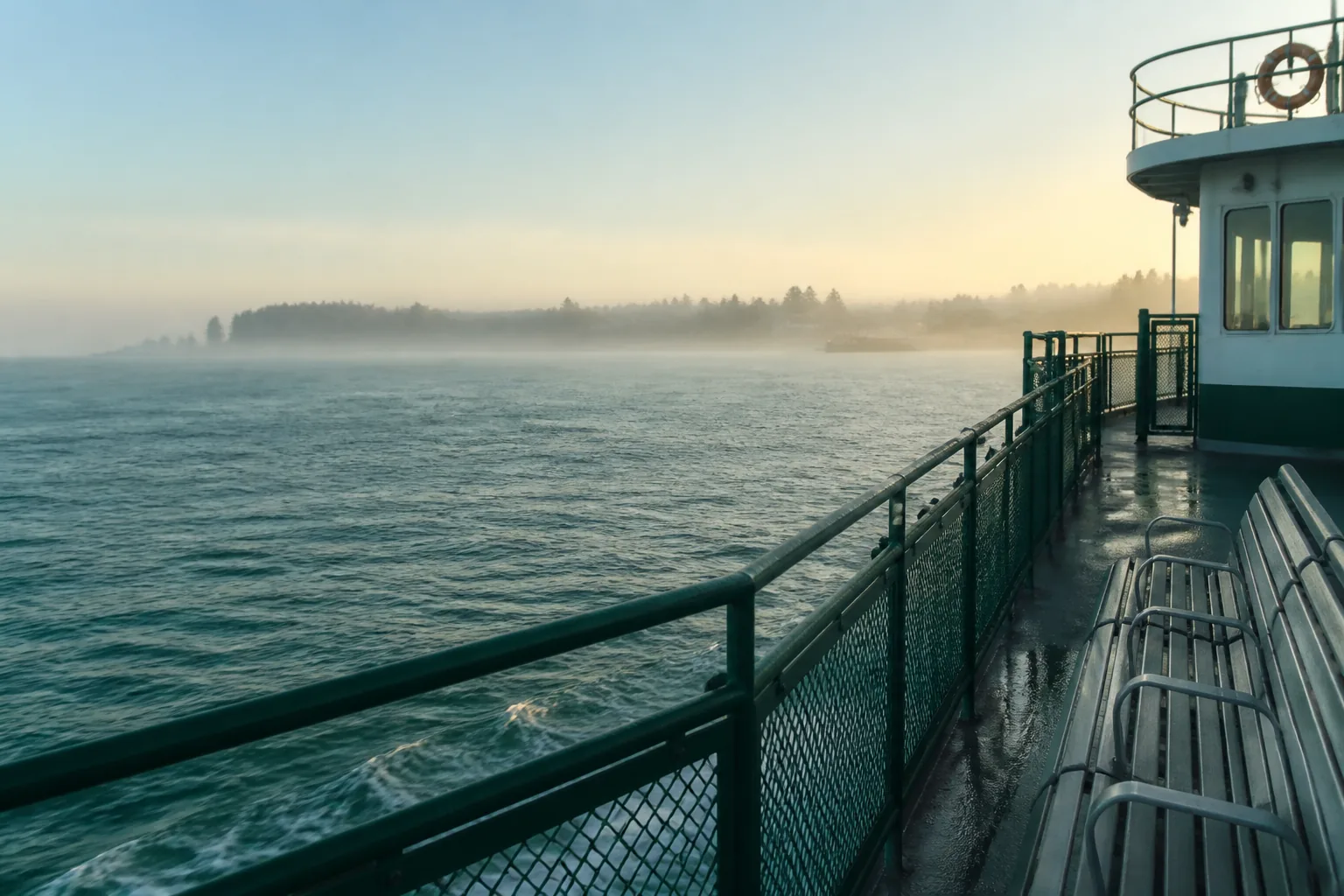 Morning ferry crossing open water with soft haze over a distant shoreline, empty deck benches in the foreground, cool blue light on metal railings, 1920x1080