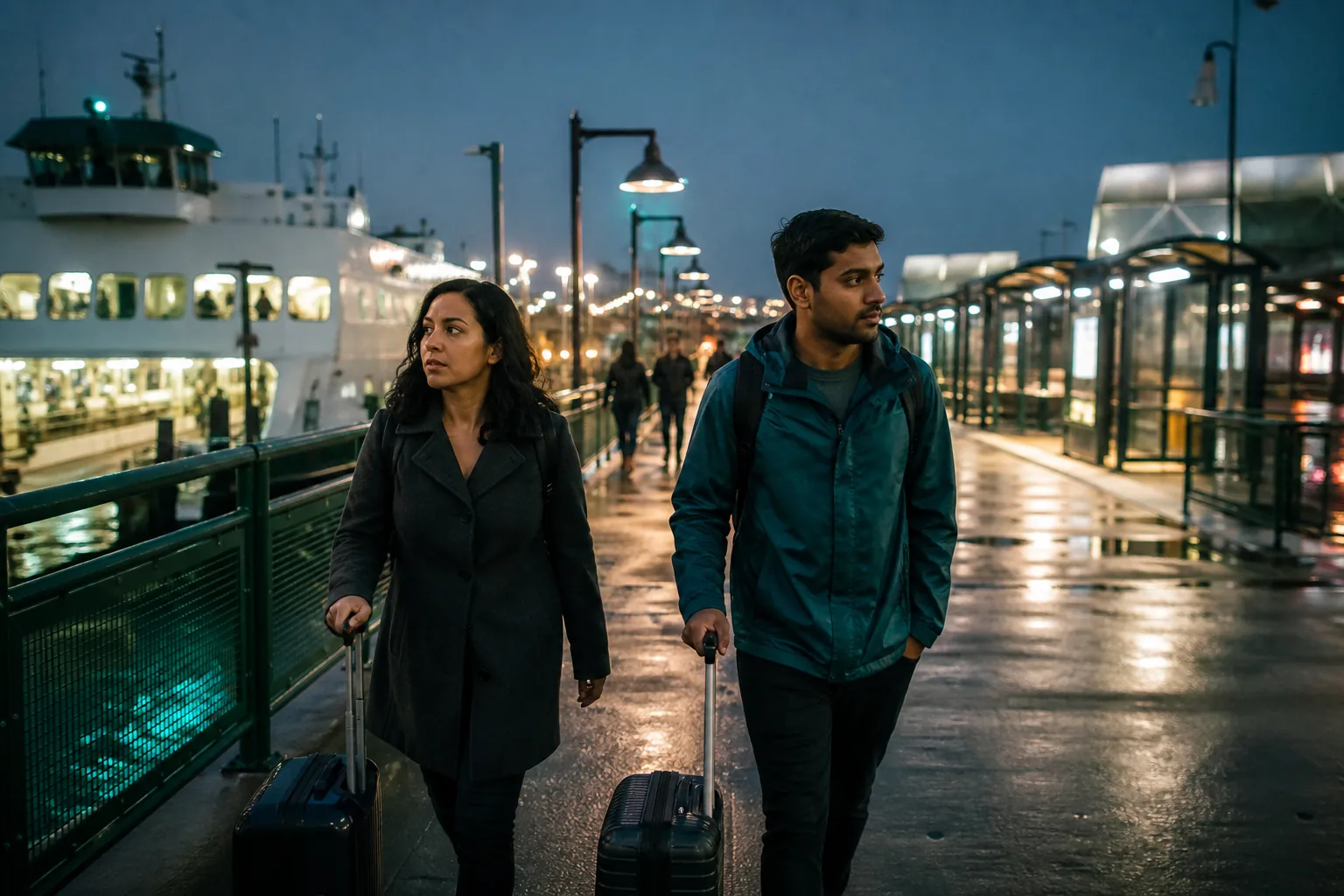 Evening path from ferry pier toward lit bus shelters, wet pavement reflections, travelers pulling compact suitcases under street lamps, 1200x800