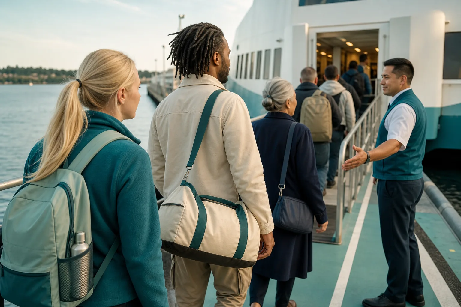 Calm morning boarding queue along a painted pier lane, travelers with compact bags, crew member guiding foot passengers toward the ramp, 1920x1080
